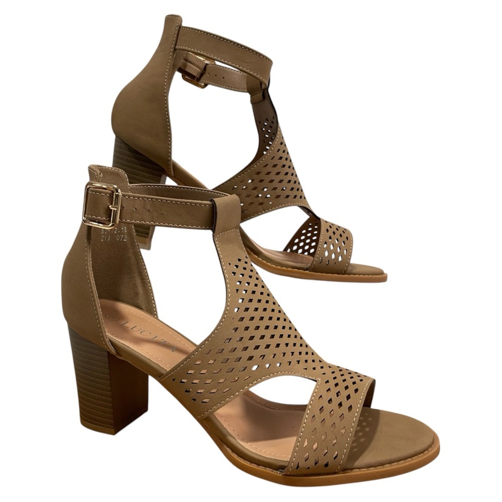 Lucita Stacked Heel Open Toe Taupe Auburn Ankle Strap Boot Brown Sandal Size 10